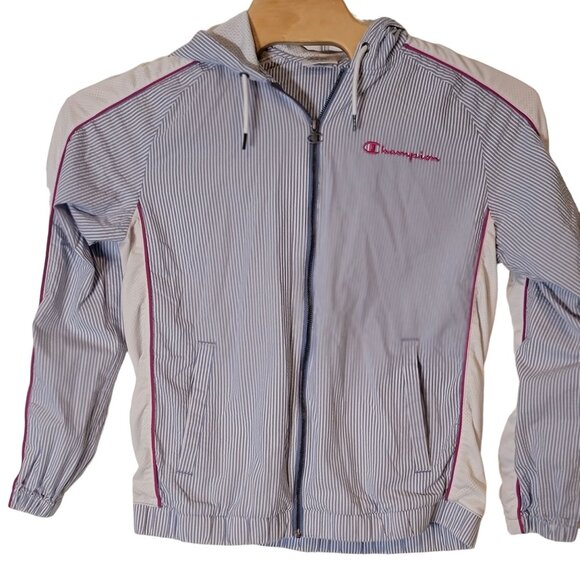 Champion Full Zip Windbreaker Women's Size Medium White Blue Striped Hooded - Picture 1 of 6